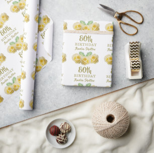 Papier Cadeau Floral Roses Jaunes 80e fête d'anniversaire