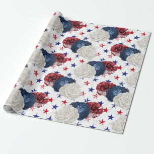 Papier Cadeau Floral rouge, blanc et bleu Motif américain