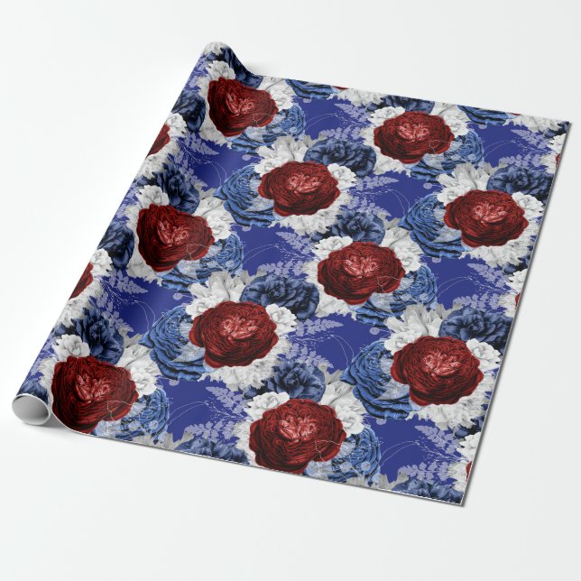 Papier Cadeau Floral rouge, blanc et bleu Motif américain (Déroulé)