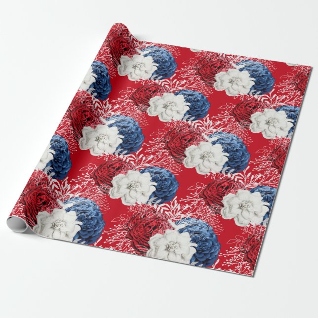 Papier Cadeau Floral rouge, blanc et bleu Motif américain (Déroulé)