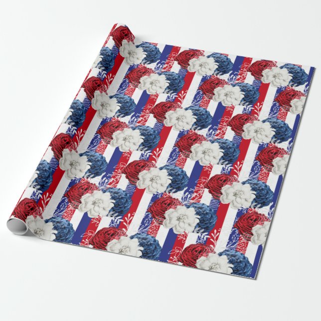 Papier Cadeau Floral rouge, blanc et bleu Motif américain (Déroulé)