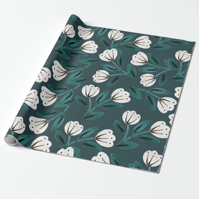 Papier Cadeau Floral turquoise et blanc (Déroulé)
