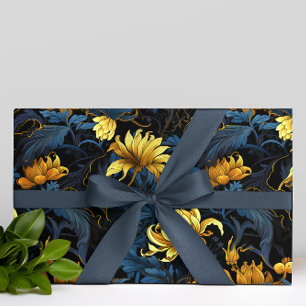 Papier Cadeau Florales d'or bleu foncé Feuilles noir Arrière - p