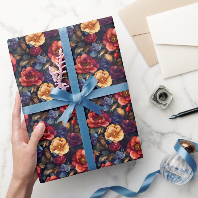 Papier Cadeau Flore arc-en-ciel foncé sur noir (Cadeaux)