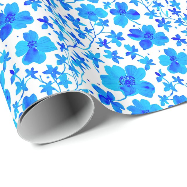 Papier Cadeau Flore botanique en bleu profond et blanc (Coin rond)