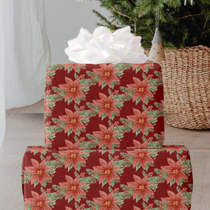 Papier Cadeau Flore botanique verte rouge de Noël