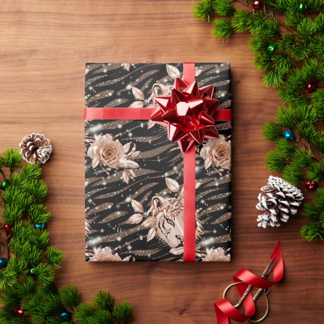 Papier Cadeau Flore de tigre d'or Rose noir (Cadeau de vacances)