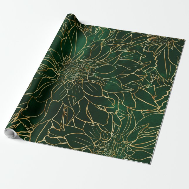 Papier Cadeau Flore dorée et verte Dahlia (Déroulé)