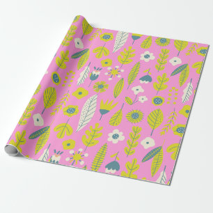Papier Cadeau Flore folklorique scandinave rétro en rose