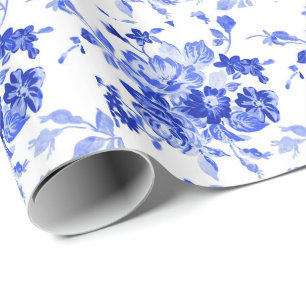 Papier Cadeau Flore Vintage bleue et blanche