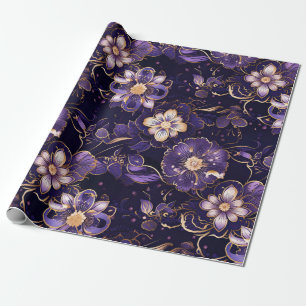 Papier Cadeau Flore violet foncé et or Faux
