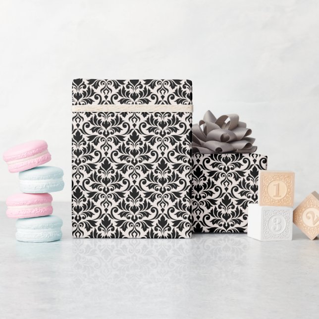 Papier Cadeau Flourish Damask Pattern Black on Cream (Baby Shower)