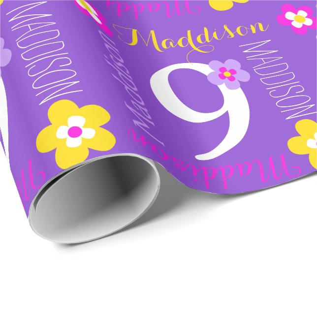 Papier Cadeau Flower nom personnalisé Maddison 9e anniversaire e (Coin rond)