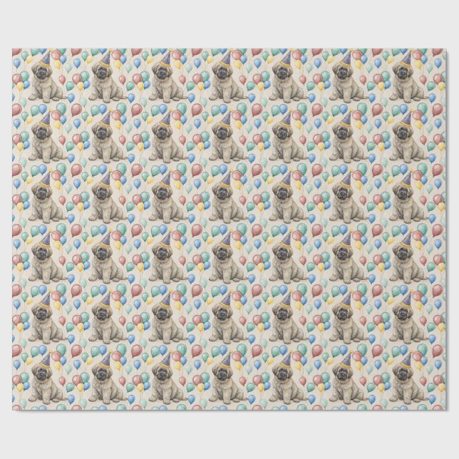 Papier Cadeau Fluffy Mastiff Puppy Birthday Party Balloons (Plat)