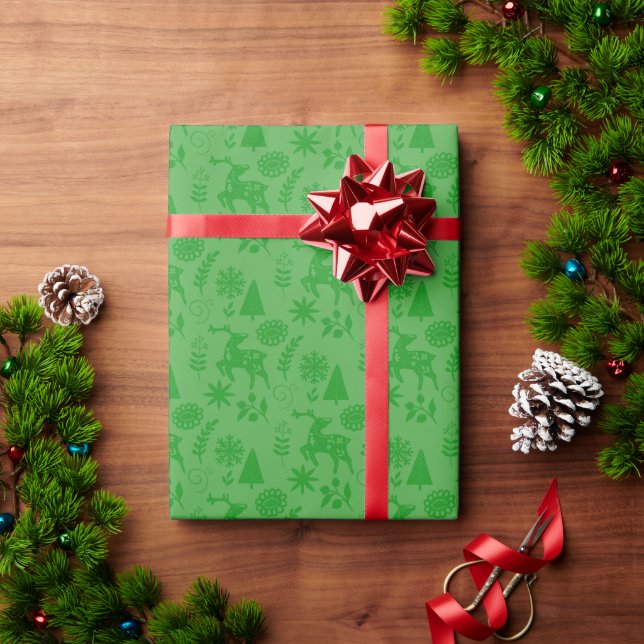 Papier Cadeau Folk Art Deer Forest Green Gift (Cadeau de vacances)