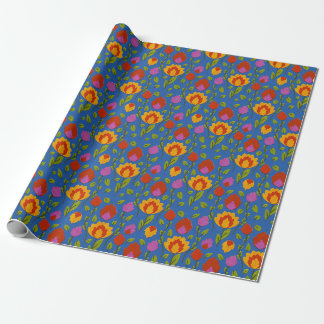 Papier Cadeau Folkore floral moderne // Jaune-rouge-bleu