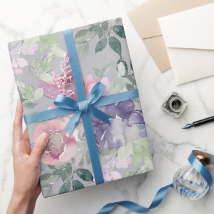Papier Cadeau Fond gris floral rose violet