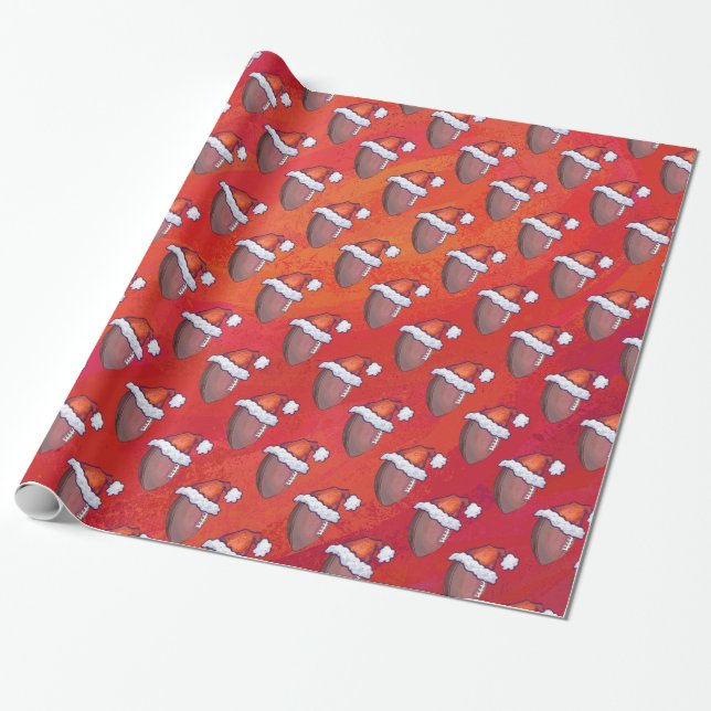 Papier Cadeau Football à Santa Hat sur Rouge (Déroulé)