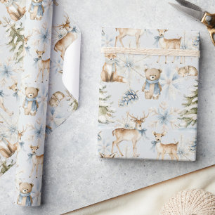 Papier Cadeau Forêt boisée Animaux Dusty Bleu Noël
