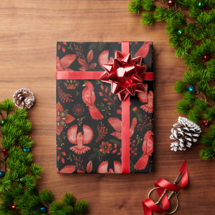 Papier Cadeau Forêt botanique boisée Noël cardinal rouge