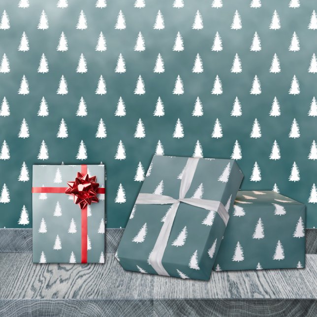 Papier Cadeau Forêt de bois blanc Arbres Épinette bleue (White Woodland Forest Trees Blue Spruce Christmas Holiday Gift Wrapping Paper Rolls)