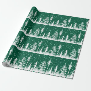 Papier Cadeau Forêt De Bois D'Hiver Vert Et Blanc De Neige