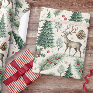 Papier Cadeau Forêt de cerfs en aquarelle pour Noël en hiver