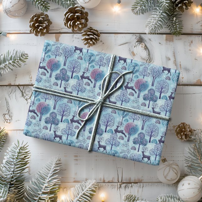 Papier Cadeau Forêt de cerfs moderne Vacances bleu et violet (Créateur téléchargé)