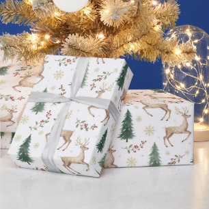 Papier Cadeau Forêt de Noël aquarelle, Renne, Baies