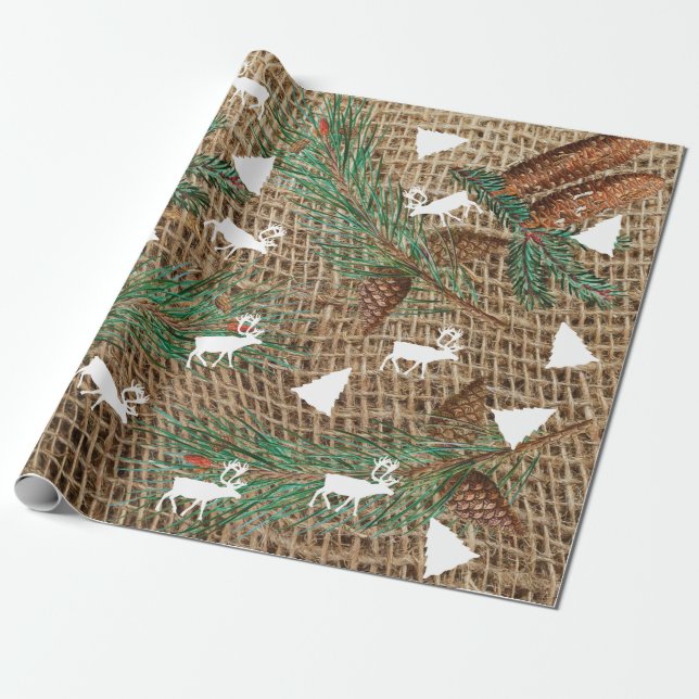 Papier Cadeau Forêt de pins rustique Reindeer Arbre de Noël (Déroulé)
