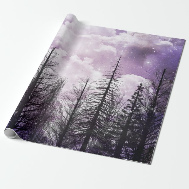 Papier Cadeau Forêt de pins violets d'hiver nuageux (Déroulé)