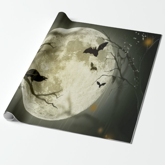 Papier Cadeau Forêt d'Halloween, chauves-souris, paysage (Déroulé)