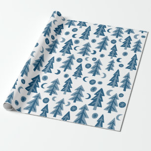 Papier Cadeau Forêt d'hiver Pins Lune Étoiles Cadeau de Fêtes