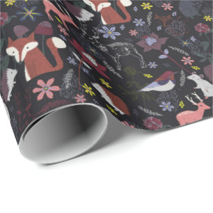 Papier Cadeau Forêt forestière Animaux sauvages Nature Noire
