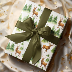 Papier Cadeau Forêt hivernale à l'aquarelle - Cerfs et arbres en