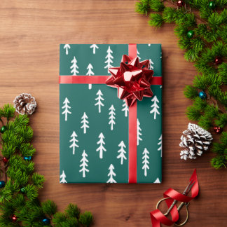 Papier Cadeau Forêt hivernale de pins simple en vert émeraude