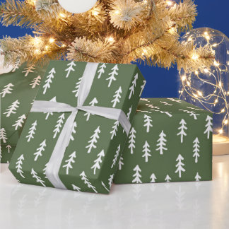 Papier Cadeau Forêt hivernale de pins simple en vert fougère cha
