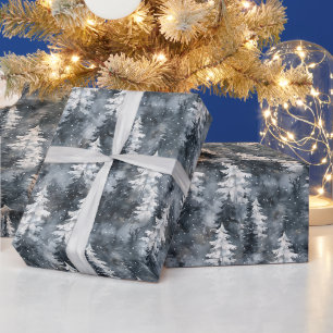 Papier Cadeau Forêt neigeuse avec arbres bleus foncés