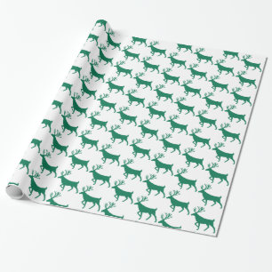 Papier Cadeau Forêt verte renne blanc