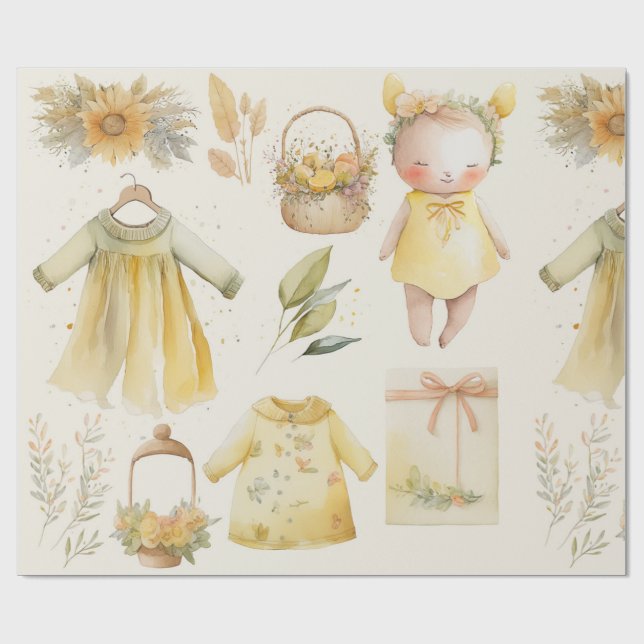 Papier Cadeau Fournitures pour bébé jaune aquarelle (Plat)