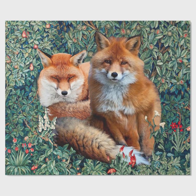 PAPIER CADEAU FOXES ROUGES PARMI LA VERDURE, LE FOLIAGE ET LES F (Plat)