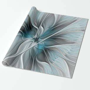 Papier Cadeau Fractal Floral Moderne Abstrait Fleur Bleu Gris