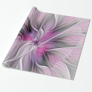 Papier Cadeau Fractal Floral Moderne Abstrait Fleur Rose Gris