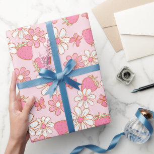 Papier Cadeau Fraise, marguerite et papillon