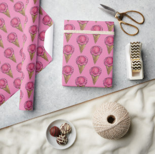 Papier Cadeau Fraise rose crème glacée gaufre cône Scoop