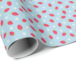 Papier Cadeau Fraises d'été sur fond bleu (petite échelle)