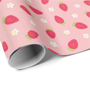 Papier Cadeau Fraises d'été sur fond rose (grande échelle)