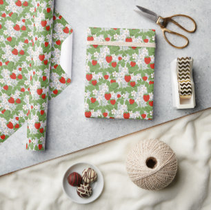 Papier Cadeau Fraises et fleurs roses et blanches