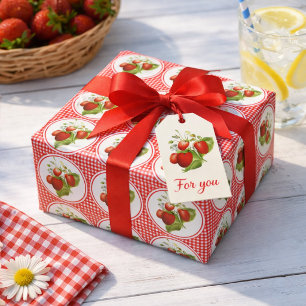 Papier Cadeau Fraises et Gingham Rouge