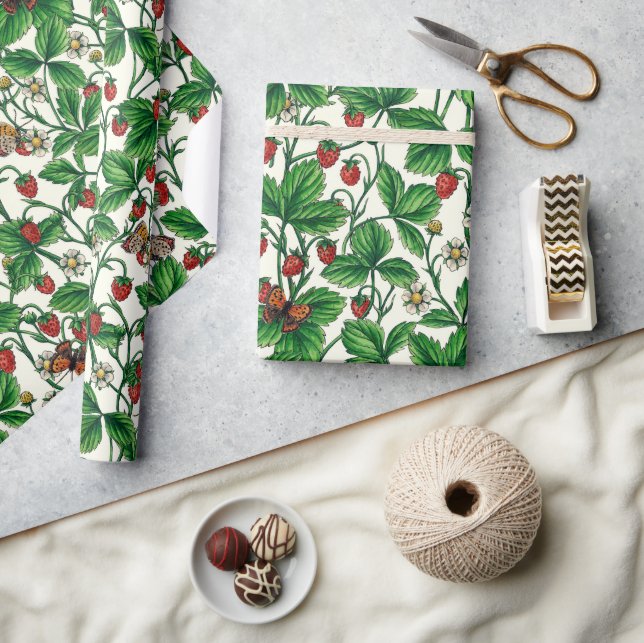 Papier Cadeau Fraises sauvages sur blanc (Artisanat)